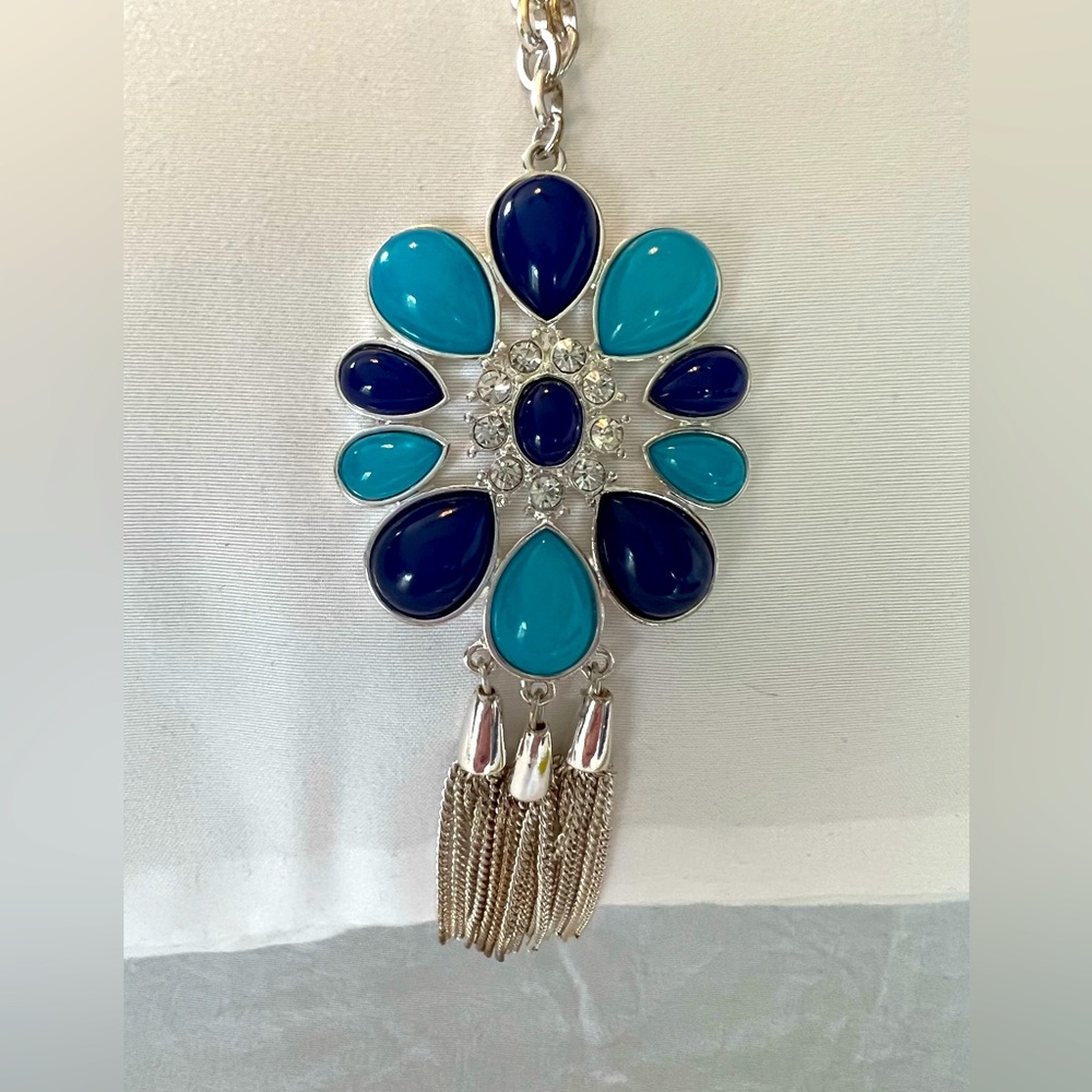 White House Black Market blue jewel and silver chain tassel statement necklace